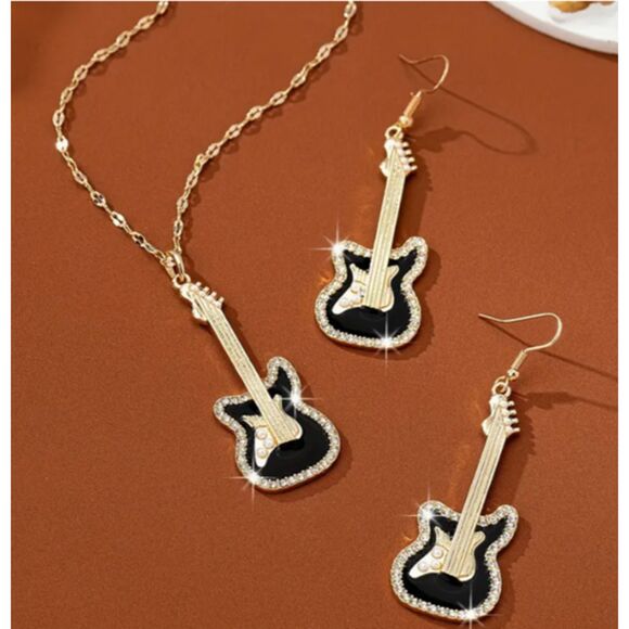 Gold Black Electric Guitar Necklace Dangle Earrings Set - Picture 4 of 5
